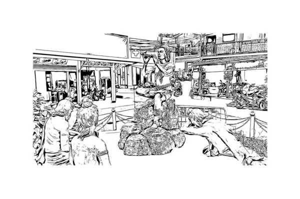 Вид Print Building Орієнтиром Районга Місто Таїланді Намальована Вручну Ілюстрація — стоковий вектор