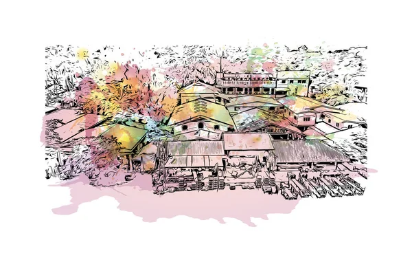 具有瑞昂市地标的印刷建筑景观是泰国的一个城市 矢量手绘示意图水彩画 — 图库矢量图片