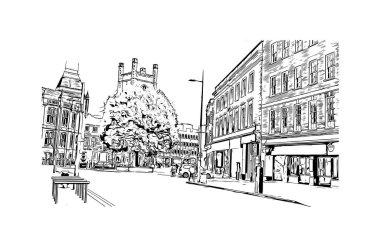 Print Building view, Kuzey Kaliforniya 'da bulunan bir şehirdir. Vektörde elle çizilmiş çizim çizimi.