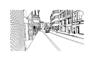 Print Building view, Kuzey Kaliforniya 'da bulunan bir şehirdir. Vektörde elle çizilmiş çizim çizimi.