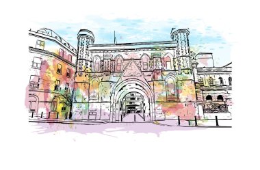 Print Building view, Kuzey Kaliforniya 'da bulunan bir şehirdir. Vektörde elle çizilmiş resim ile suluboya sıçraması.