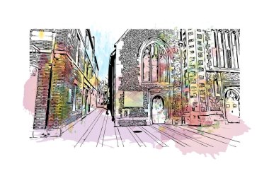 Print Building view, Kuzey Kaliforniya 'da bulunan bir şehirdir. Vektörde elle çizilmiş resim ile suluboya sıçraması.