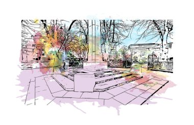 Print Building view, Kuzey Kaliforniya 'da bulunan bir şehirdir. Vektörde elle çizilmiş resim ile suluboya sıçraması.