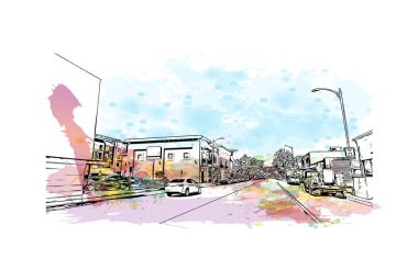 Print Building view, Kuzey Kaliforniya 'da bulunan bir şehirdir. Vektörde elle çizilmiş resim ile suluboya sıçraması.