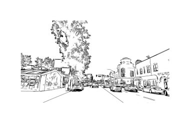 Print Building view, Kuzey Kaliforniya 'da bulunan bir şehirdir. Vektörde elle çizilmiş çizim çizimi.