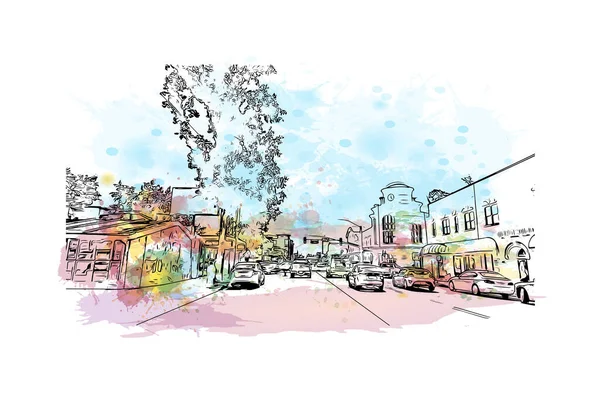 Print Building View Landmark Redding City Northern California Akvarelové Stříknutí — Stockový vektor