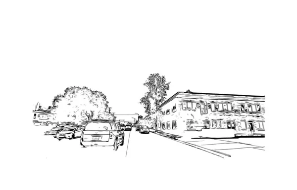Print Building View Landmark Redding City Northern California Ručně Kreslená — Stockový vektor