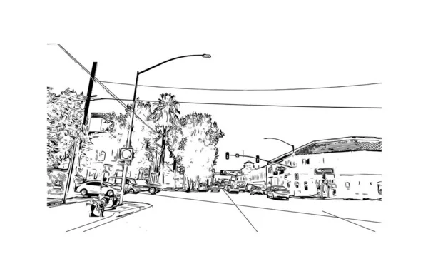印刷レディングのランドマークとビルディングビューは 北カリフォルニアの都市です 手描きのスケッチ図ベクトル — ストックベクタ