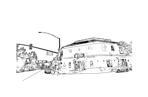 Print Building View Landmark Redding City Northern California Hand Drawn — Stock Vector