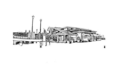 Redondo Sahili manzaralı Print Building, Kaliforniya 'da bir şehirdir. Vektörde elle çizilmiş çizim çizimi. 