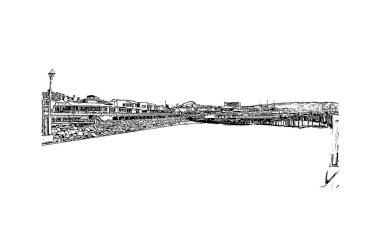 Redondo Sahili manzaralı Print Building, Kaliforniya 'da bir şehirdir. Vektörde elle çizilmiş çizim çizimi. 