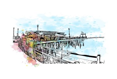 Redondo Sahili manzaralı Print Building, Kaliforniya 'da bir şehirdir. Vektörde elle çizilmiş resim ile suluboya sıçraması. 