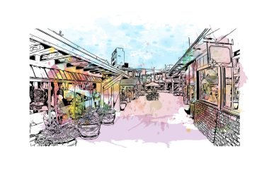 Redondo Sahili manzaralı Print Building, Kaliforniya 'da bir şehirdir. Vektörde elle çizilmiş resim ile suluboya sıçraması. 