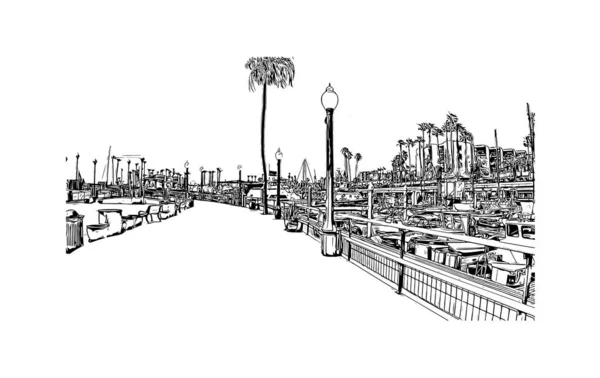 Vytisknout Pohled Budovu Orientačním Bodem Redondo Beach Město Kalifornii Ručně — Stockový vektor