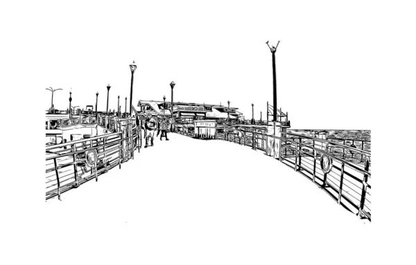 Print Building View Landmark Redondo Beach Város Kaliforniában Kézzel Rajzolt — Stock Vector