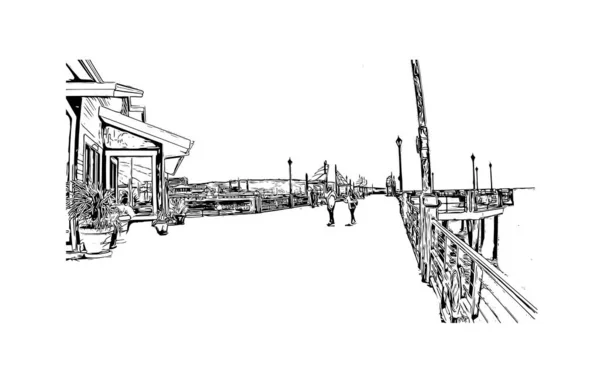 印刷レドンドビーチのランドマークとビルの景色はカリフォルニア州の街です 手描きのスケッチ図ベクトル — ストックベクタ