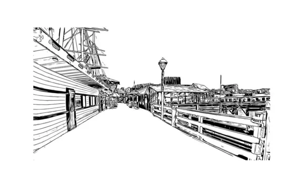 印刷レドンドビーチのランドマークとビルの景色はカリフォルニア州の街です 手描きのスケッチ図ベクトル — ストックベクタ