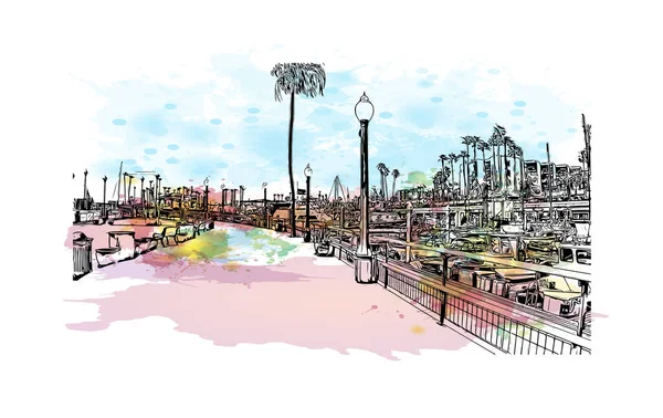 有红岛海滩地标的印刷厂是加州的一个城市 矢量手绘示意图水彩画 — 图库矢量图片