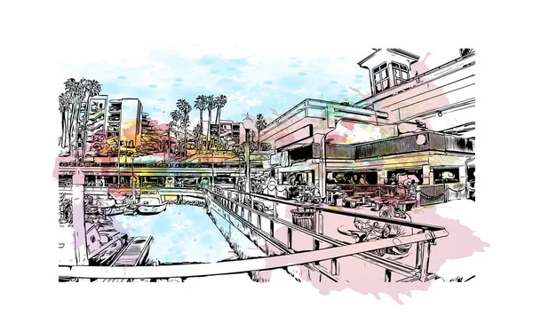 Print Building View Landmark Redondo Beach Staden Kalifornien Akvarell Stänk — Stock vektor