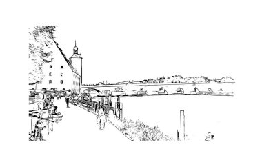 Print Building view with landmark of Regensburg is the city in Germany. Vektörde elle çizilmiş çizim çizimi.