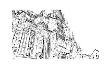 Print Building view with landmark of Regensburg is the city in Germany. Vektörde elle çizilmiş çizim çizimi.