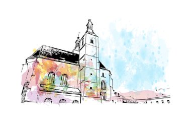 Print Building view with landmark of Regensburg is the city in Germany. Vektörde elle çizilmiş resim ile suluboya sıçraması.