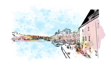  Print Building view with landmark of Regensburg is the city in Germany. Vektörde elle çizilmiş resim ile suluboya sıçraması.