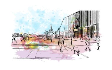  Print Building view with landmark of Regensburg is the city in Germany. Vektörde elle çizilmiş resim ile suluboya sıçraması.