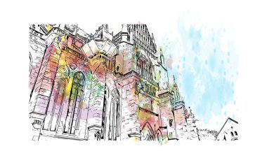  Print Building view with landmark of Regensburg is the city in Germany. Vektörde elle çizilmiş resim ile suluboya sıçraması.