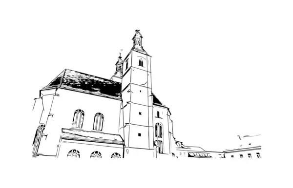 Vytisknout Pohled Budovu Orientačním Bodem Regensburgu Městem Německu Ručně Kreslená — Stockový vektor