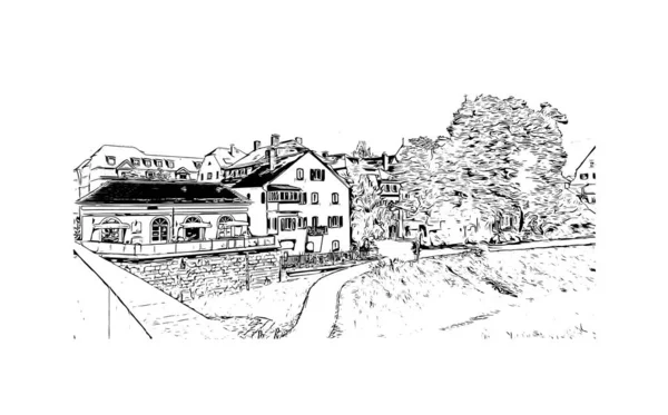 Print Building View Landmark Regensburg City Germany Hand Drawn Sketch — Stock Vector