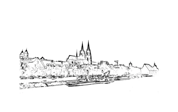 带有雷根斯堡地标的印刷建筑景观是德国的城市 矢量手绘草图 — 图库矢量图片