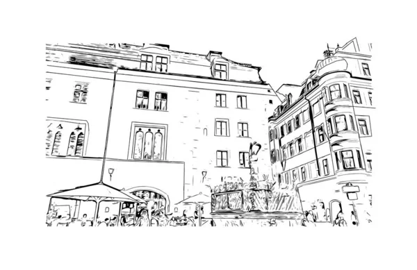 Vytisknout Pohled Budovu Orientačním Bodem Regensburgu Městem Německu Ručně Kreslená — Stockový vektor