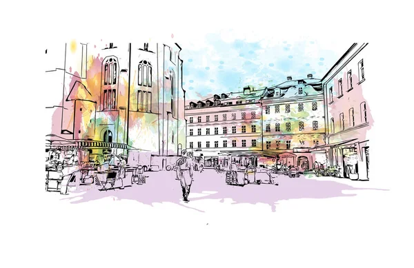 Vytisknout Pohled Budovu Orientačním Bodem Regensburgu Městem Německu Akvarelové Stříknutí — Stockový vektor
