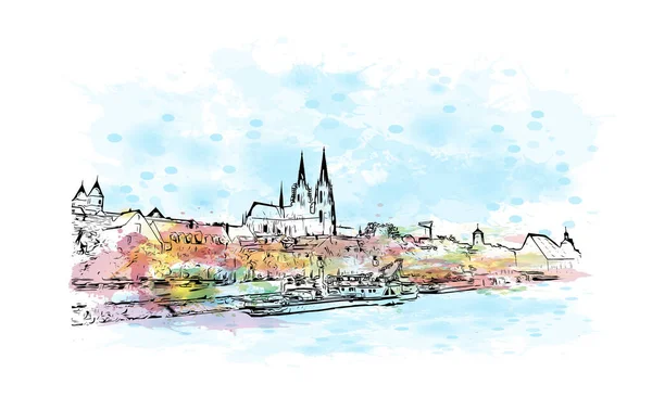 Print Building View Landmark Regensburg Város Németországban Akvarell Splash Kézzel — Stock Vector
