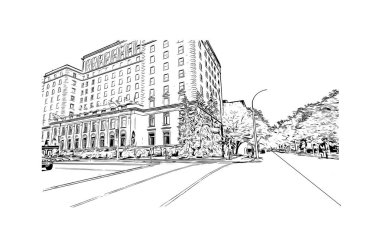 Regina 'nın dönüm noktası olan Print Building View Kanada' da yer almaktadır. Vektörde elle çizilmiş çizim çizimi.