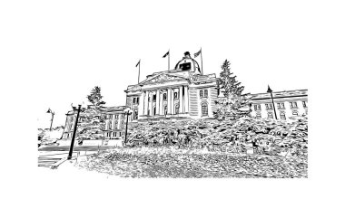 Regina 'nın dönüm noktası olan Print Building View Kanada' da yer almaktadır. Vektörde elle çizilmiş çizim çizimi.