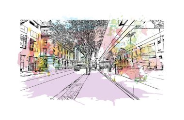 Regina 'nın dönüm noktası olan Print Building View Kanada' da yer almaktadır. Vektörde elle çizilmiş resim ile suluboya sıçraması.