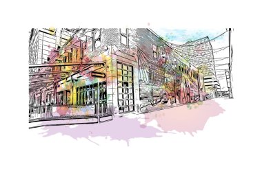 Regina 'nın dönüm noktası olan Print Building View Kanada' da yer almaktadır. Vektörde elle çizilmiş resim ile suluboya sıçraması.