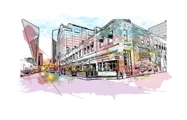 Regina 'nın dönüm noktası olan Print Building View Kanada' da yer almaktadır. Vektörde elle çizilmiş resim ile suluboya sıçraması.