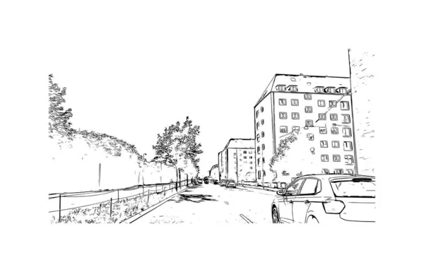 Vytisknout Pohled Budovu Orientačním Bodem Roskilde Město Dánsku Ručně Kreslená — Stockový vektor