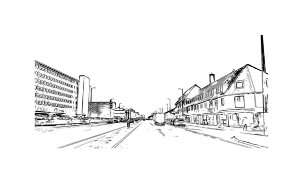 印刷ロスキルデのランドマークとビルの景色はデンマークの都市です 手描きのスケッチ図ベクトル — ストックベクタ