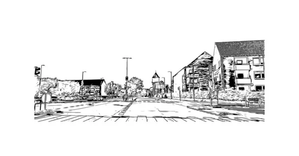 印刷ロスキルデのランドマークとビルの景色はデンマークの都市です 手描きのスケッチ図ベクトル — ストックベクタ