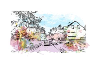 Print Building view with landmark of Roskilde is a city of Danimarka. Vektörde elle çizilmiş resim ile suluboya sıçraması.