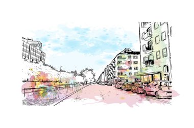 Print Building view with landmark of Roskilde is a city of Danimarka. Vektörde elle çizilmiş resim ile suluboya sıçraması.