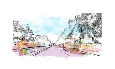 Print Building view with landmark of Roskilde is a city of Danimarka. Vektörde elle çizilmiş resim ile suluboya sıçraması.