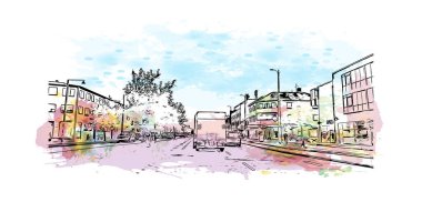 Print Building view with landmark of Roskilde is a city of Danimarka. Vektörde elle çizilmiş resim ile suluboya sıçraması.