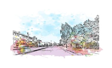 Print Building view with landmark of Roskilde is a city of Danimarka. Vektörde elle çizilmiş resim ile suluboya sıçraması.