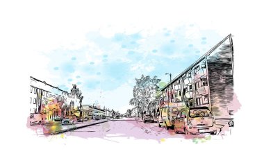 Print Building view with landmark of Roskilde is a city of Danimarka. Vektörde elle çizilmiş resim ile suluboya sıçraması.