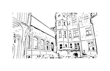 Print Building view with landmark of Rouen is the city in France. Vektörde elle çizilmiş çizim çizimi.